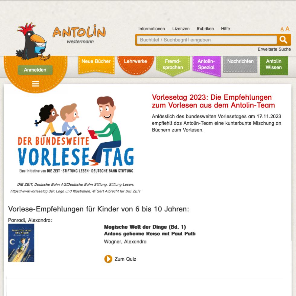 Screenshot Antolin-Website Vorleseempfehlungen