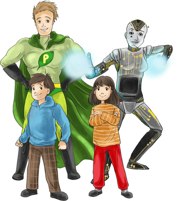 Umweltbewusste Superhelden Paul Pulli, Henrietta Handy, Anton, Lucy der Kinderbuchreihe Magische Welt der Dinge