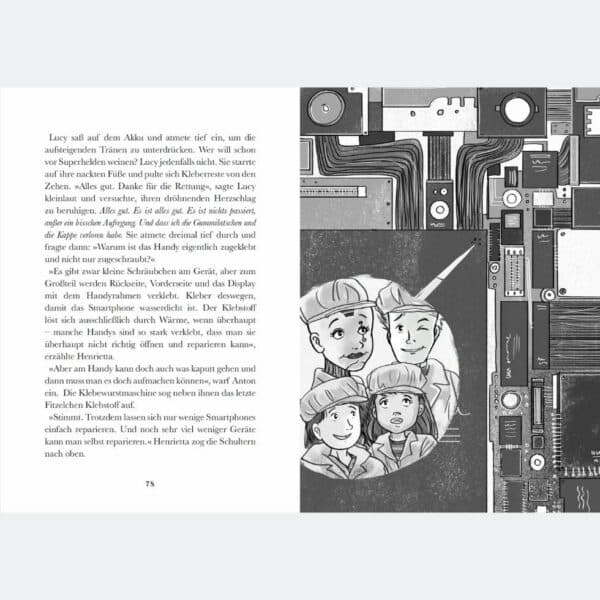 Seiten aus Kinderbuch "Das Geheimnis von Henrietta Handy", Innenleben Smartphone