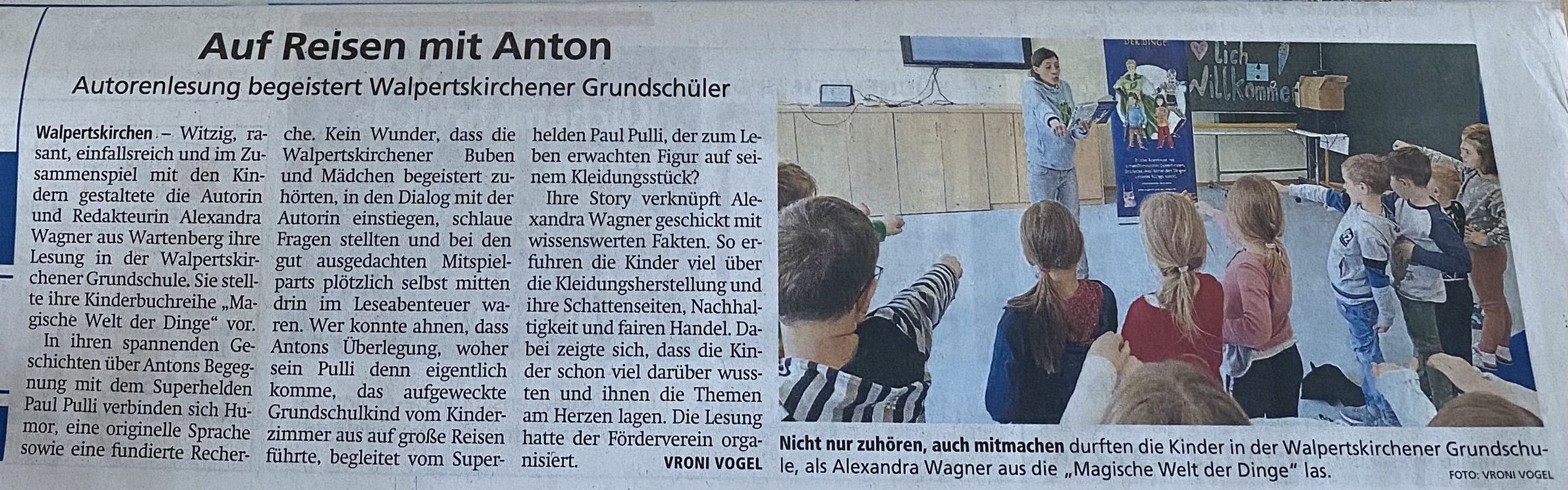 Zeitungsbericht München Merkur über Autorenlesung an der Grundschule Walpertskirchen