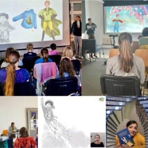 Collage Fotos diverser Autorenlesungen vor Ort und online der Kinderbuchautorin Alexandra Wagner