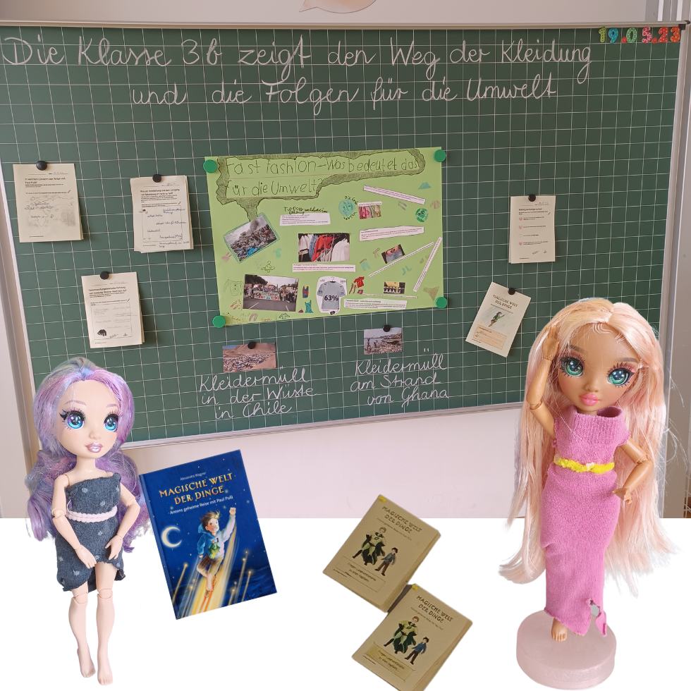 Fotocollage Tafel mit Nachhaltigkeit und Fast Fashion Überschrift Puppen und Buch davor