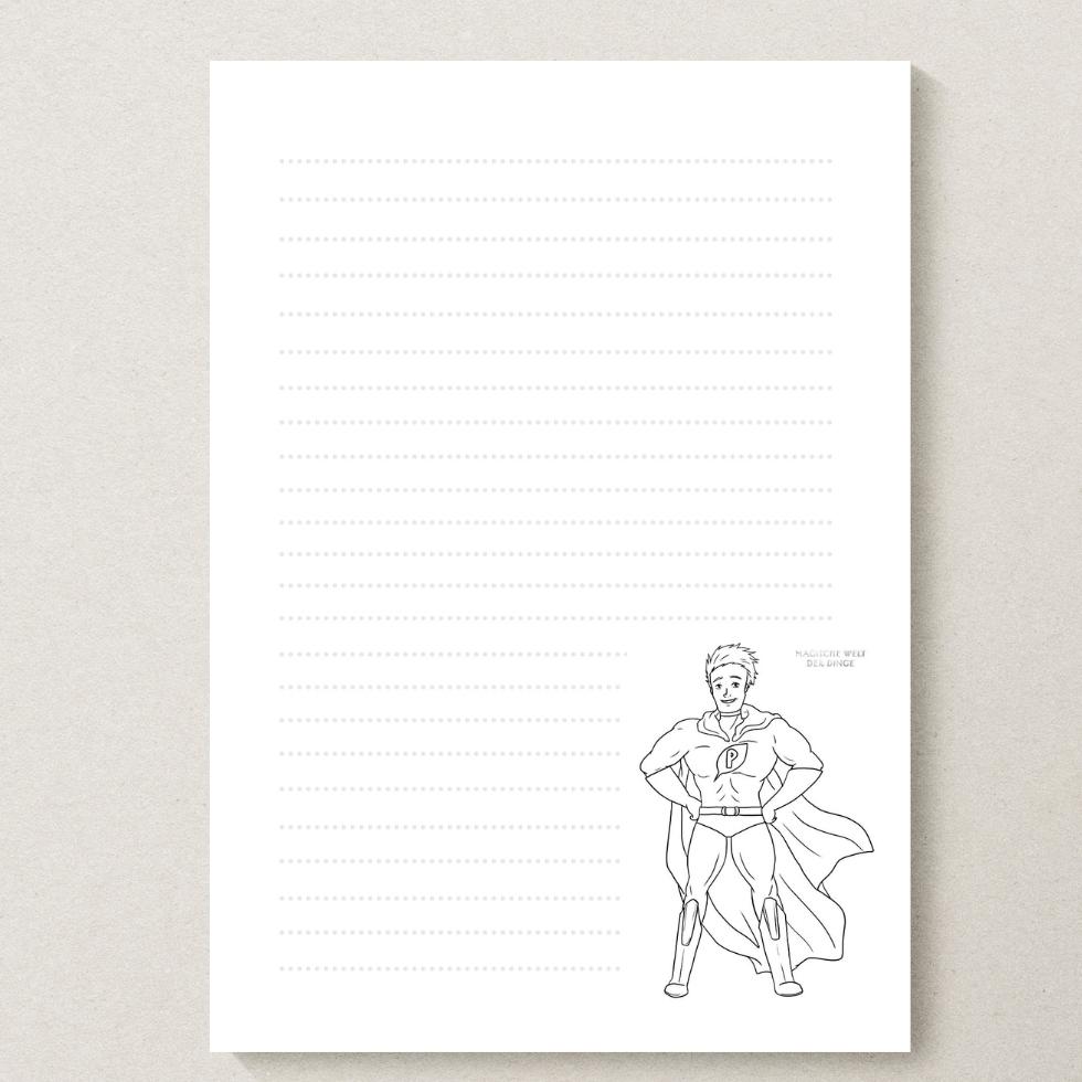 Briefpapiervorlage mit Ausmalmotiv Superheld Paul Pulli