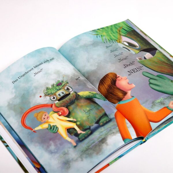 Buchinnenseite Illustration Streit Amelie und Angstmonster Sumpfmumpf aus Kinderbuch »Der Sumpfmumpf und die Hoffnung«