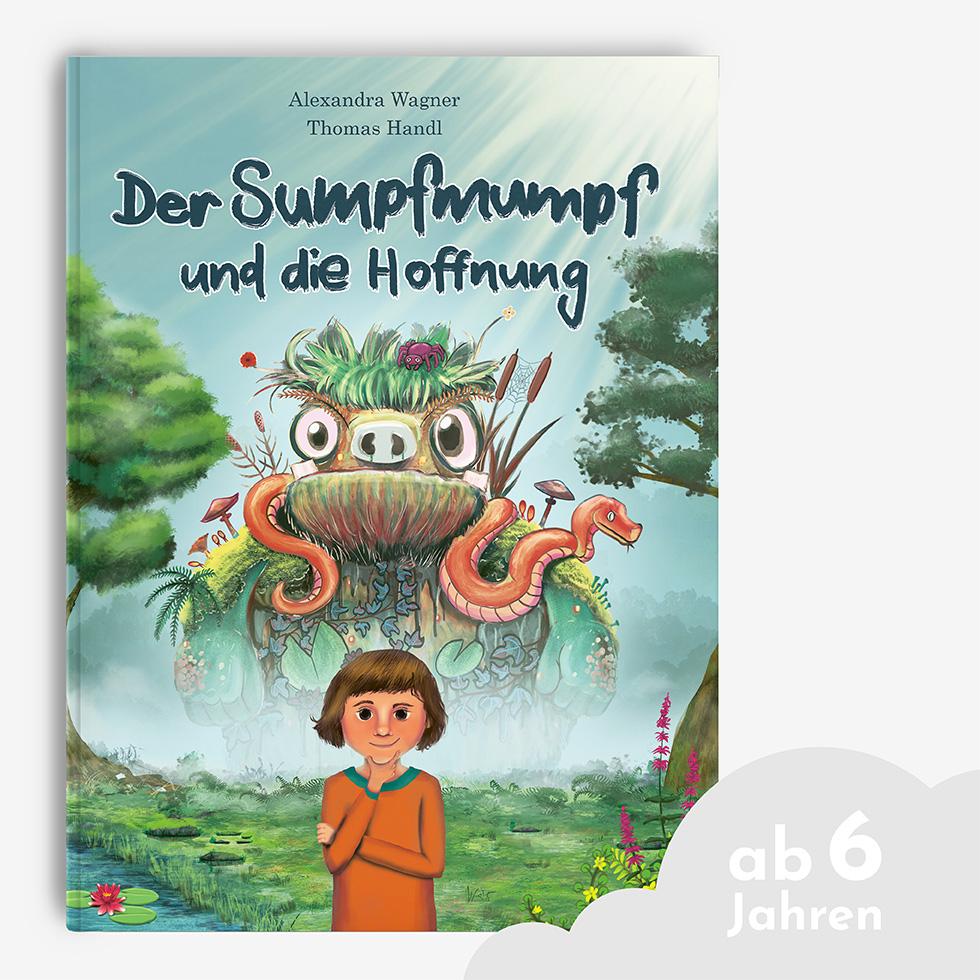 Bilderbuch "Der Sumpfmumpf und die Hoffnung" vor grauem Hintergrund mit Wolkendesign und Schrift ab 6 Jahren