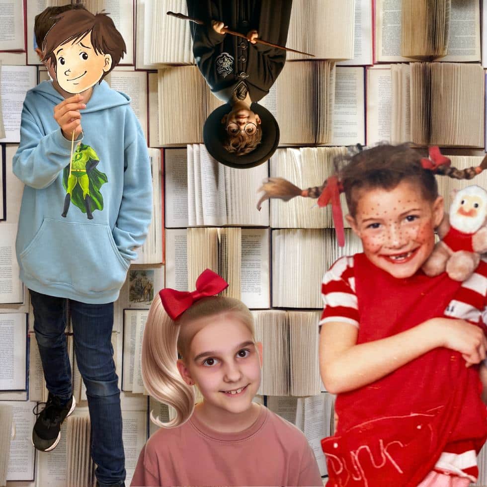 Collage Kinder verkleidet als Buchcharaktere vor aufgeschlagenen Büchern