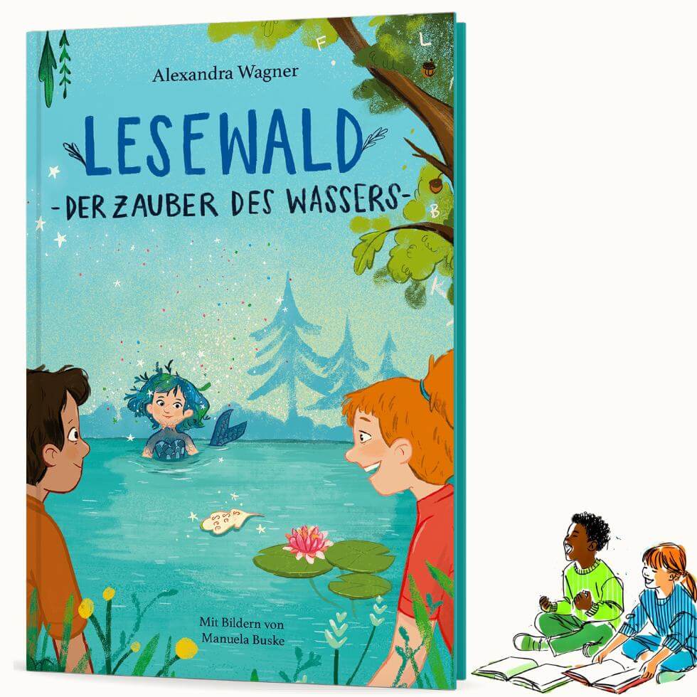 Mockup Buch Lesewald. Der Zauber des Wassers; daneben kleine Illu von zwei Kinder, die Buch anschauen