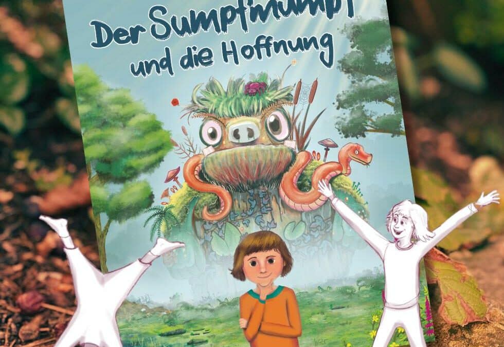 Mutmachbuch »Der Sumpfmumpf und die Hoffnung« vor Pflanzen, jubelnde Figuren im Vordergrund