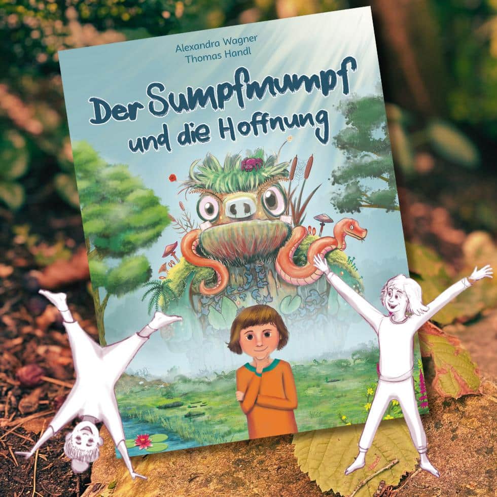 Mutmachbuch »Der Sumpfmumpf und die Hoffnung« vor Pflanzen, jubelnde Figuren im Vordergrund