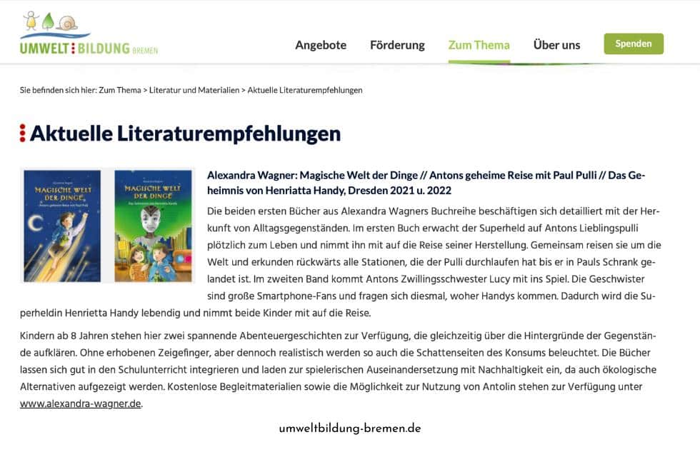 Screenshot Literaturempfehlung Umweltbildung Bremen für Magische Welt der Dinge