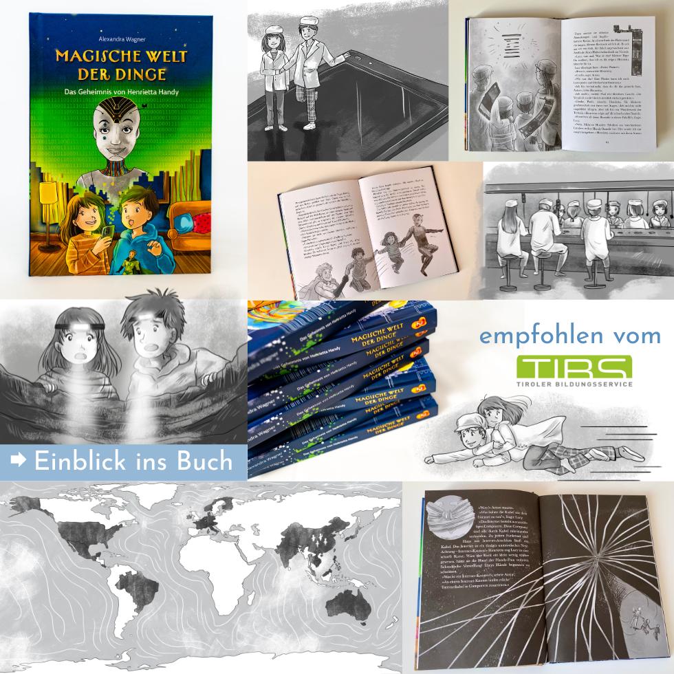 Collage zum Kinderbuch Magische Welt der Dinge – Das Geheimnis von Henrietta Handy als Klassenlektüre für Klasse 3 und 4 mit Illustrationen zur Handyproduktion, globalen Lieferketten, Technik und nachhaltigem Konsum; empfohlen vom Tiroler Bildungsservice (TiBS)