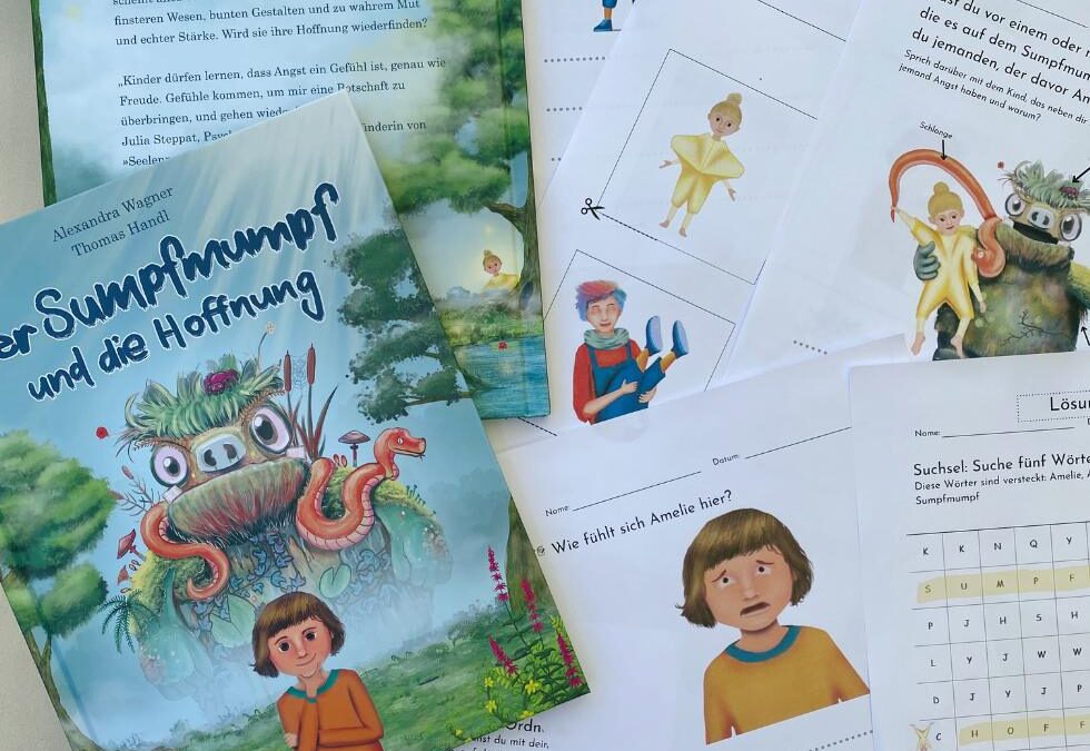 Klassenlektüre Klasse 2 Buch "der Sumpfmumpf und die Hoffnung" mit ausgebreiteten Arbeitsblättern