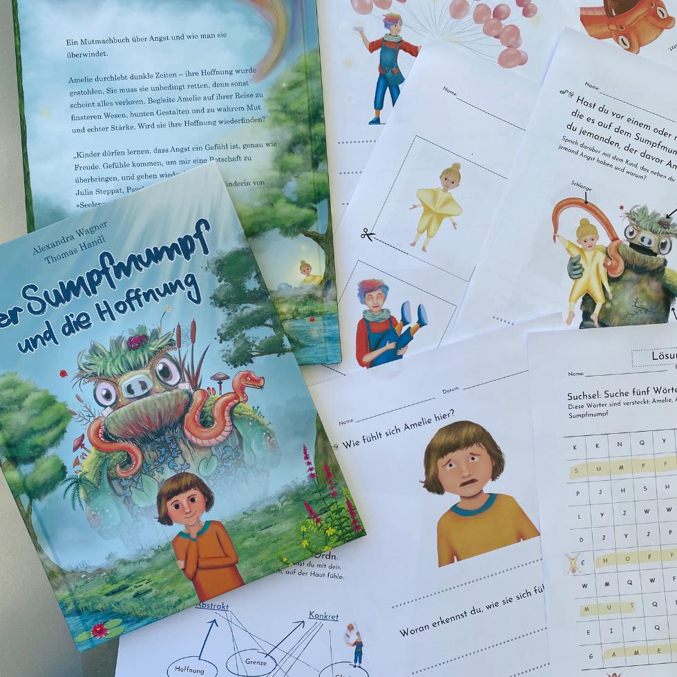 Klassenlektuere-klasse-2-buch-unterrichtichtsmaterial-gefuehle-angst-sumpfmumpf-material Klassenlektüre Klasse 2 Buch "der Sumpfmumpf und die Hoffnung" mit ausgebreiteten Arbeitsblättern