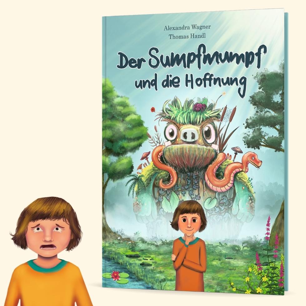 Bilderbuch über Angst "Der Sumpfmumpf und die Hoffnung" auf hellgelbem Grund, daneben Illu eines verängstigten Mädchens