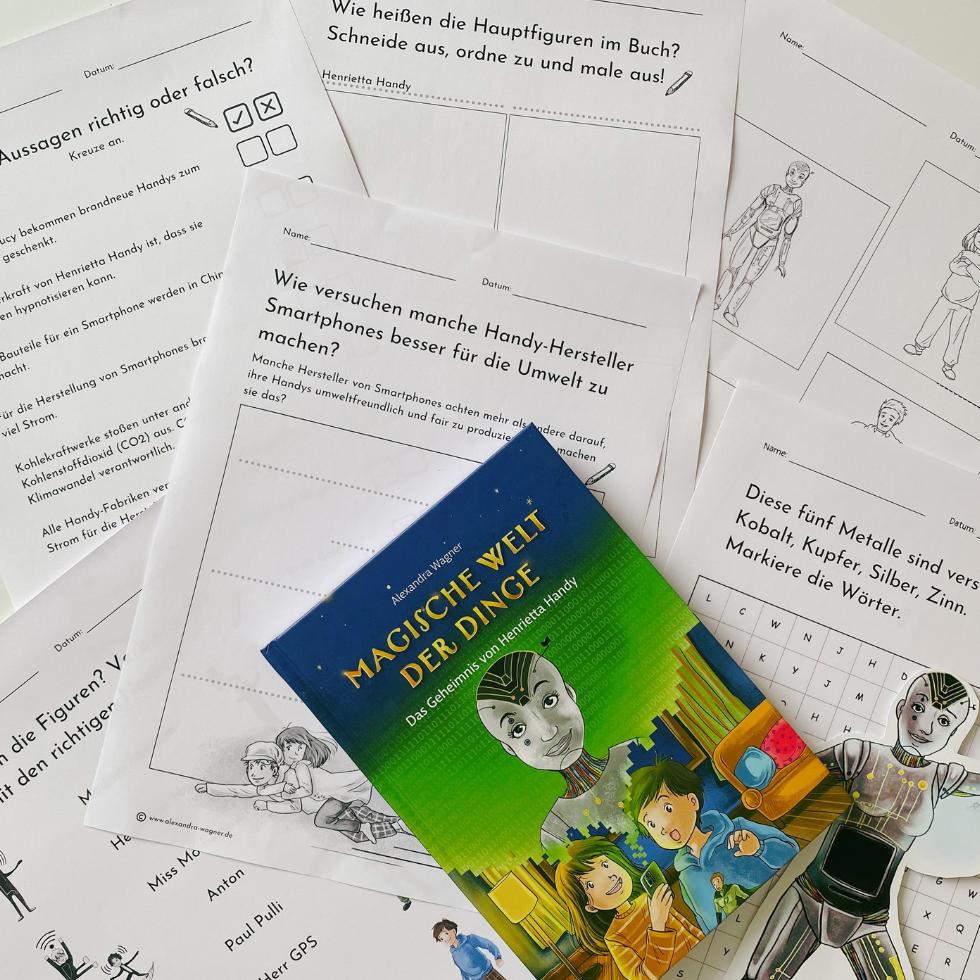 Kinderbuch Das Geheimnis von Henrietta Handy liegt auf Arbeitsblättern