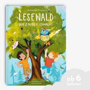 Lesenlernbuch "Lesewald, Der Zauber erwacht" vor grauen Hintergrund, Wolkengrafik mit Schrift ab 6 Jahren
