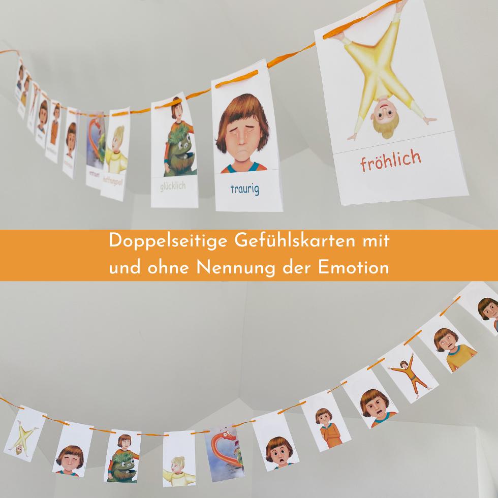 Gefuehlskarten-doppelseitig-mit-und-ohne-Nennung-Emotion Gefühlskarten oben mit Beschriftung und unten ohne Bezeichnung der Emotion. In der Mitte ein Farbbalken mit Erklärtext