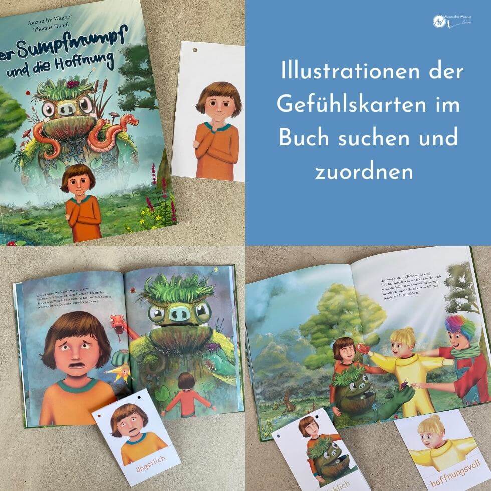 Gefühlskarten-passend-zu-Klassenlektuere-Sznene-Geschichte-Bilderbuch Bildmontage Gefühlskarten mit Illustrationen aus Bilderbuch "Der Sumpfnmumpf und die Hoffnung" den entsprechenden Seiten zugeordnet.