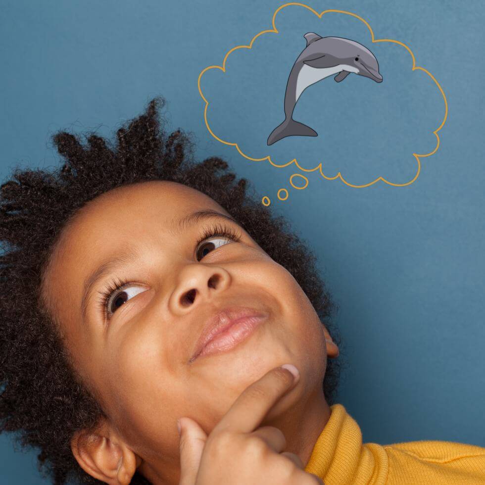 Junge schaut überlegende in die Luft. Neben ihm ist eine Gedankenblase mit Delphin