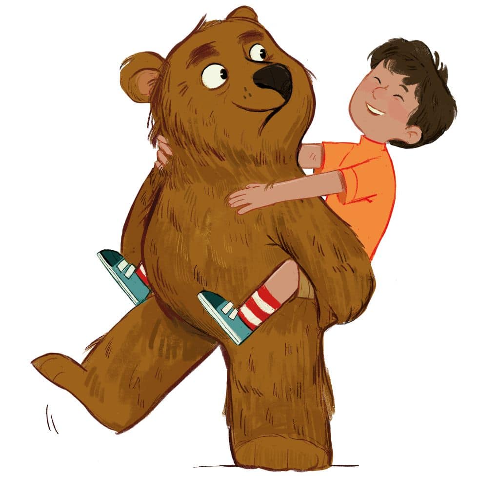 Illustration aus dem Buch »Lesewald, Der Zauber«, auf der Tim auf einem Bären Huckepack reitet und lacht