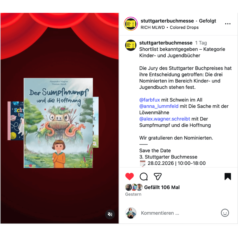 Screenshot Buch Sumpfmumpf und Hoffnung im Nominierungs-Reel Stuttgarter Buchpreis