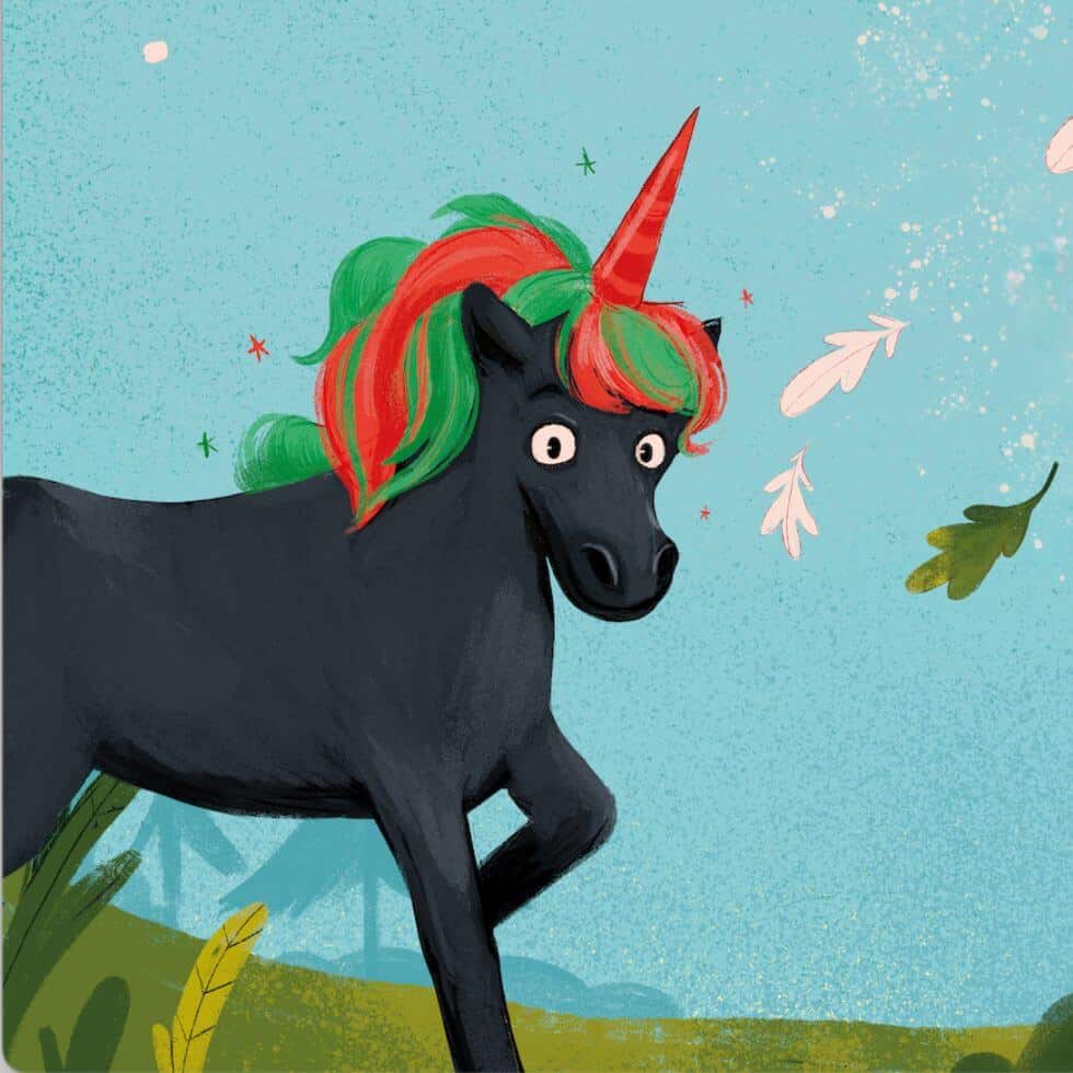 Illustration eines schwarzen Einhorns mit rot-grüner Mähne aus dem Buch »Lesewald, Der Zauber erwacht«