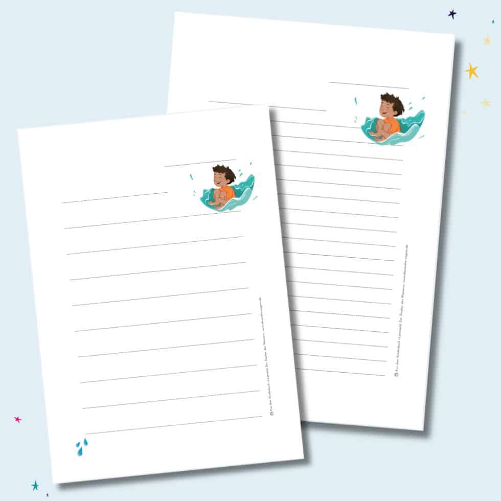 Briefpapier-Vorlage mit Motiv Arschbombe (Illustration) schmal und breit liniert vor hellblauem Hintergrund