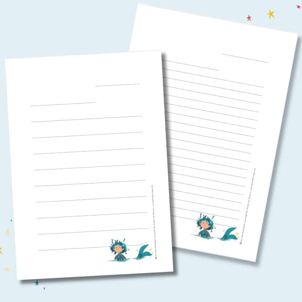 Briefpapier-Vorlagen zum Ausdrucken mit Meerjungfrau-Motiv auf hellblauem Hintergrund