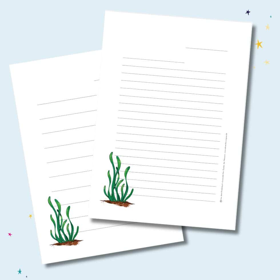 Briefpapier-Vorlage mit Motiv Wasserpflanze schmal und breit liniert vor hellblaue Hintergrund
