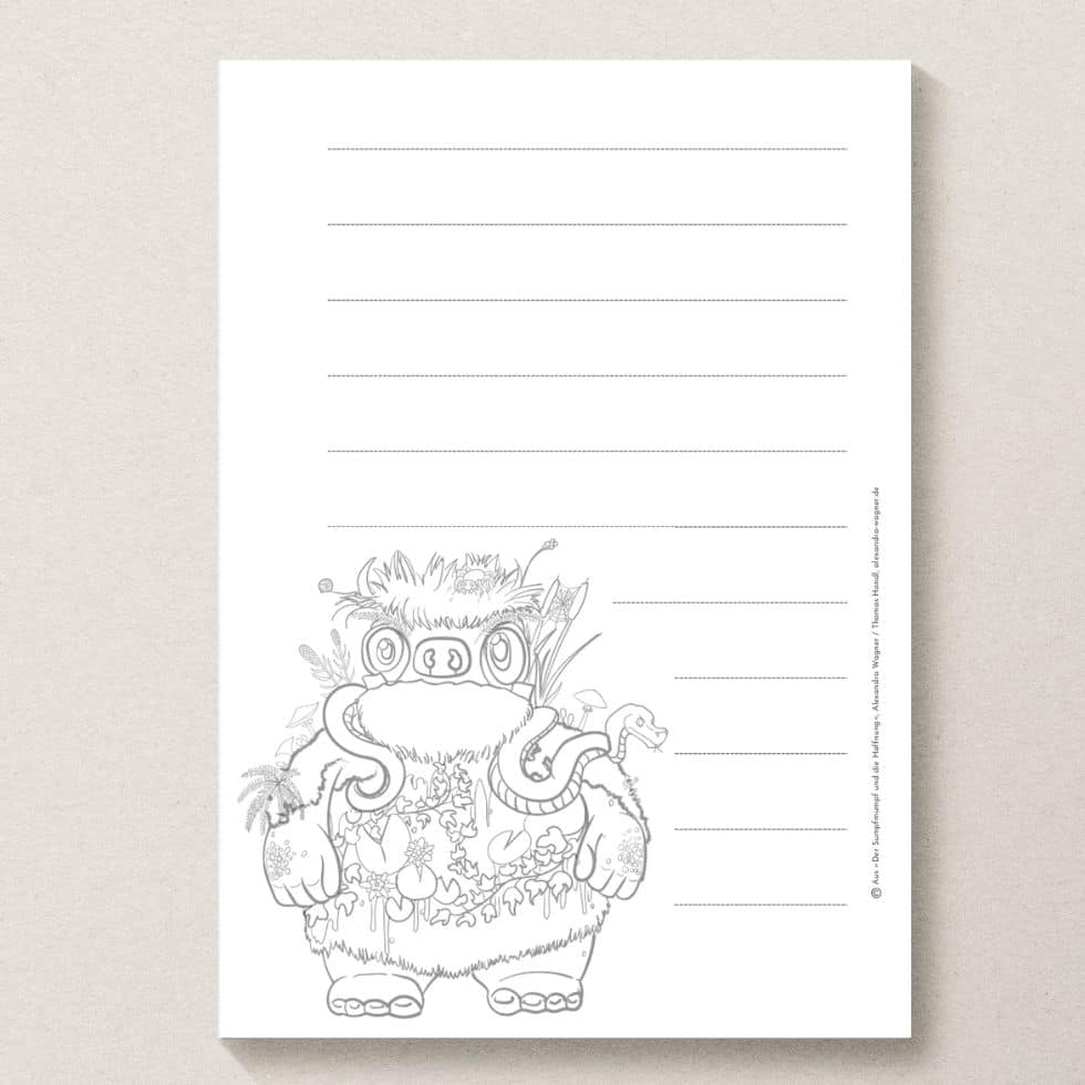 Briefpapier-Vorlage mit Ausmalbild Monster "Sumpfmumpf"