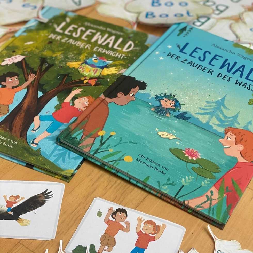 Lesewald-Bücher und Ausdrucke Treppenwörter, Unterrichtsmaterial darum arrangiert