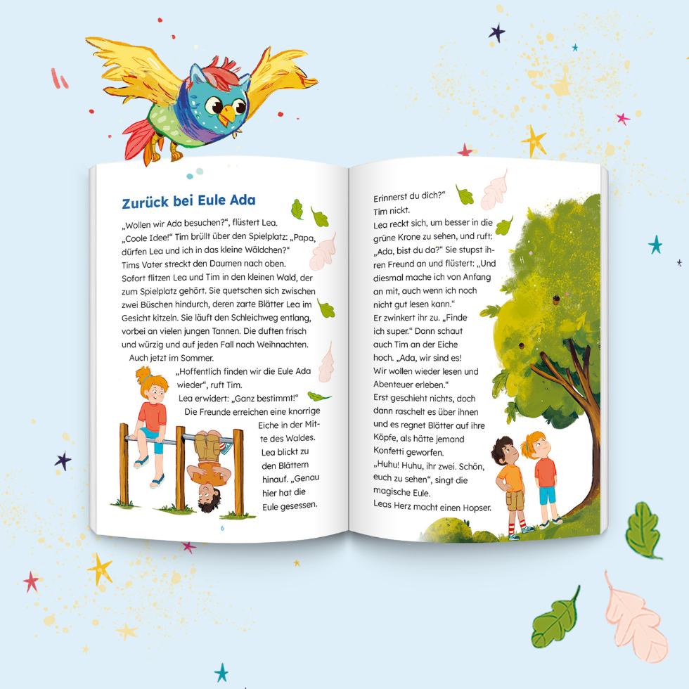 Innenansicht mit Illustration der Eule Ada über dem Leselernbuch "Lesewald, Der Zauber des Wassers"