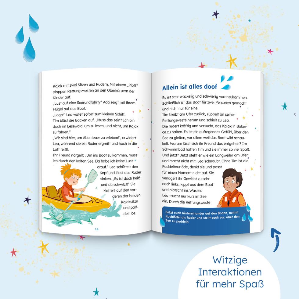 Innenansicht des mit Interaktionsidee Leselernbuches "Lesewald Der Zauber des Wassers"