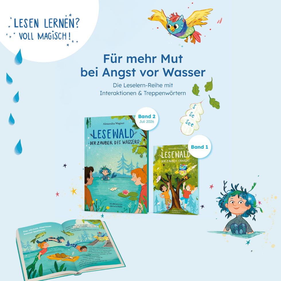 Überblicksgrafik zur Leselern-Reihe "Lesewald" mit Schriftzug "Für mehr Mut bei Angst vor Wasser"