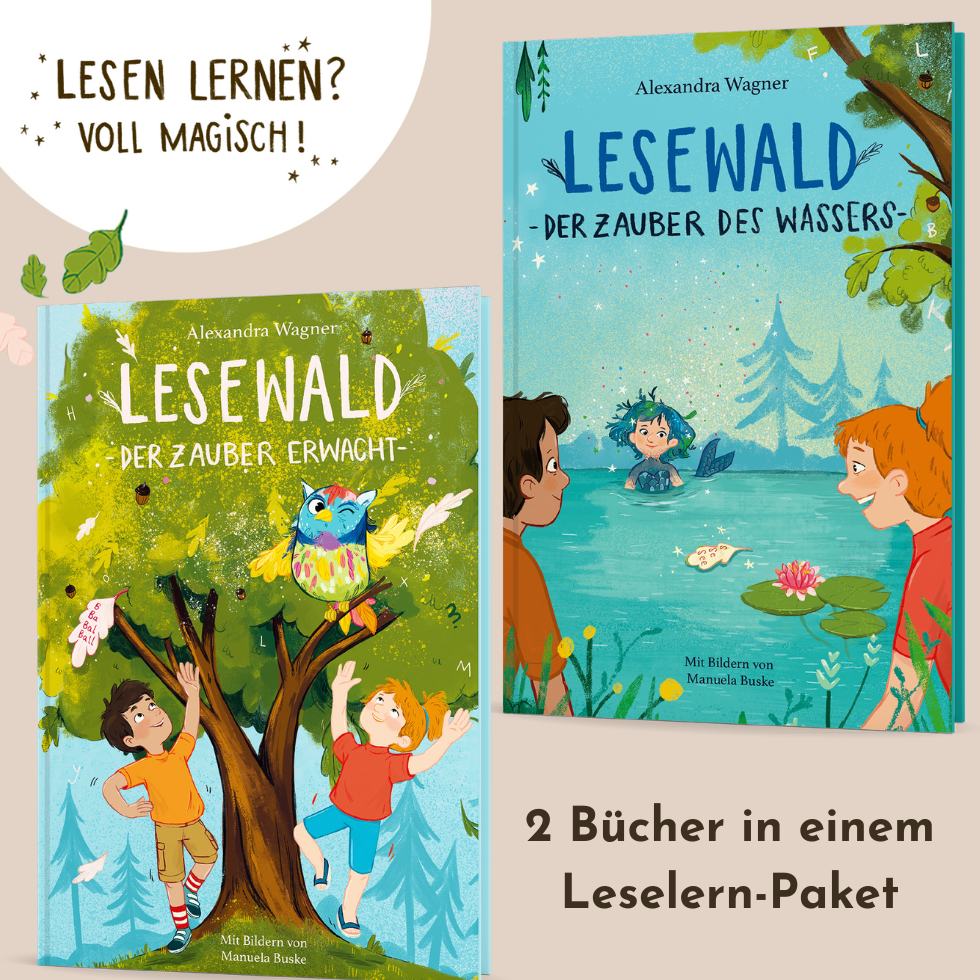 Band 1 und Band 2 der Leselernbücher "Lesewald" mit Schriftzug "Lesen lesen voll magisch" auf altrosa Hintergrund