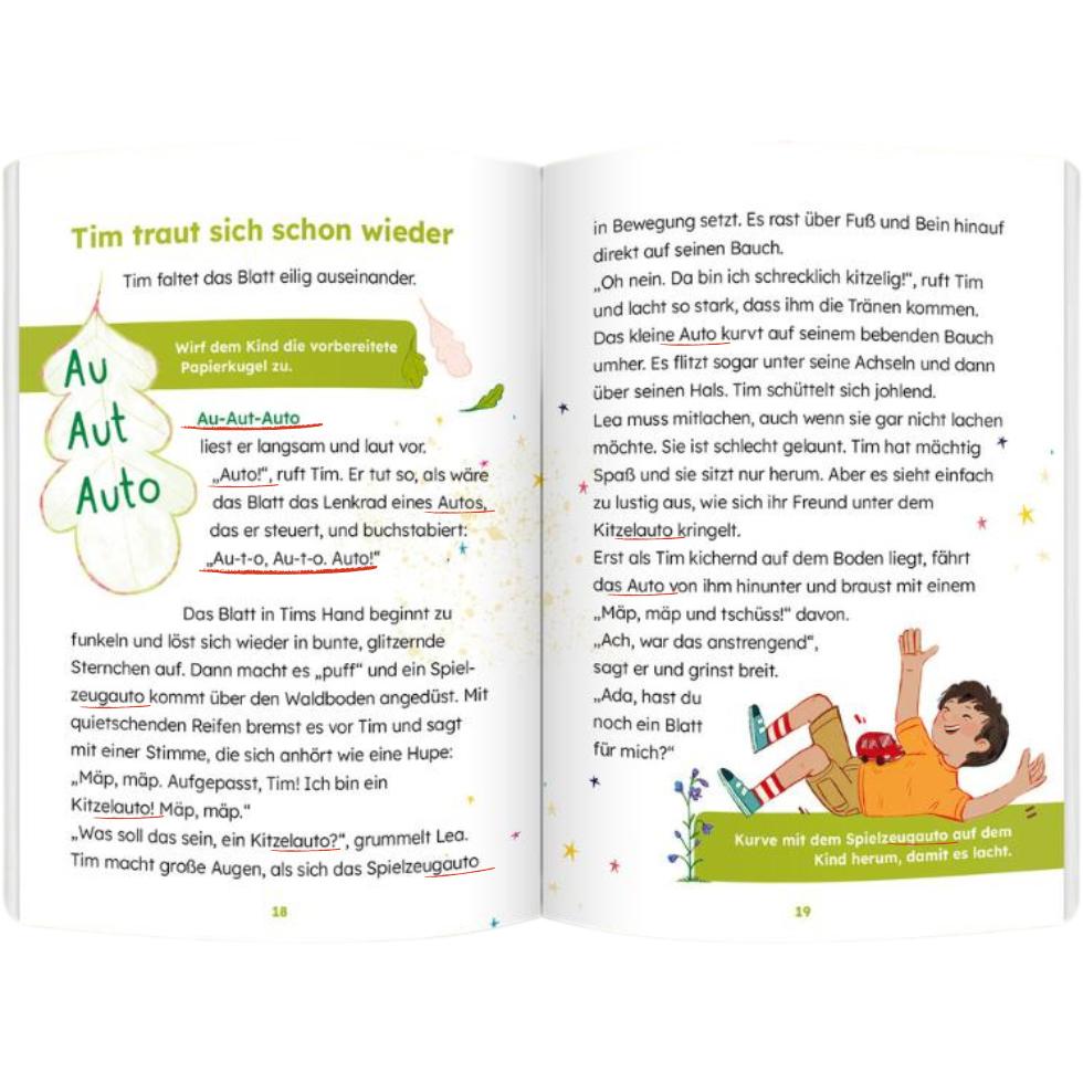 Innenseite des Buches "Lesewald, Der Zauber erwacht" mit Unterstreichungen des Wortes "Auto" im Text