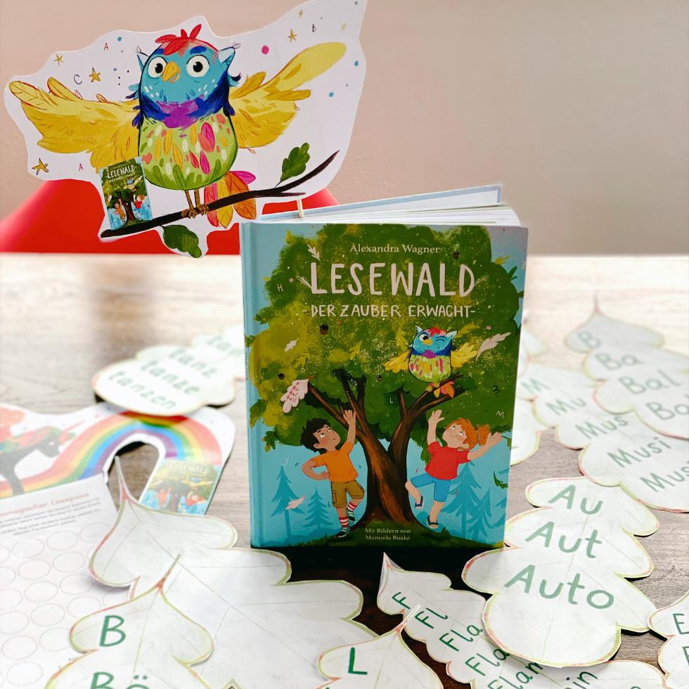 lesespiel-buch-lesewald-material Leselernbuch "Lesewald, Der Zauber erwacht" mit ausgelegten Treppenwörtern