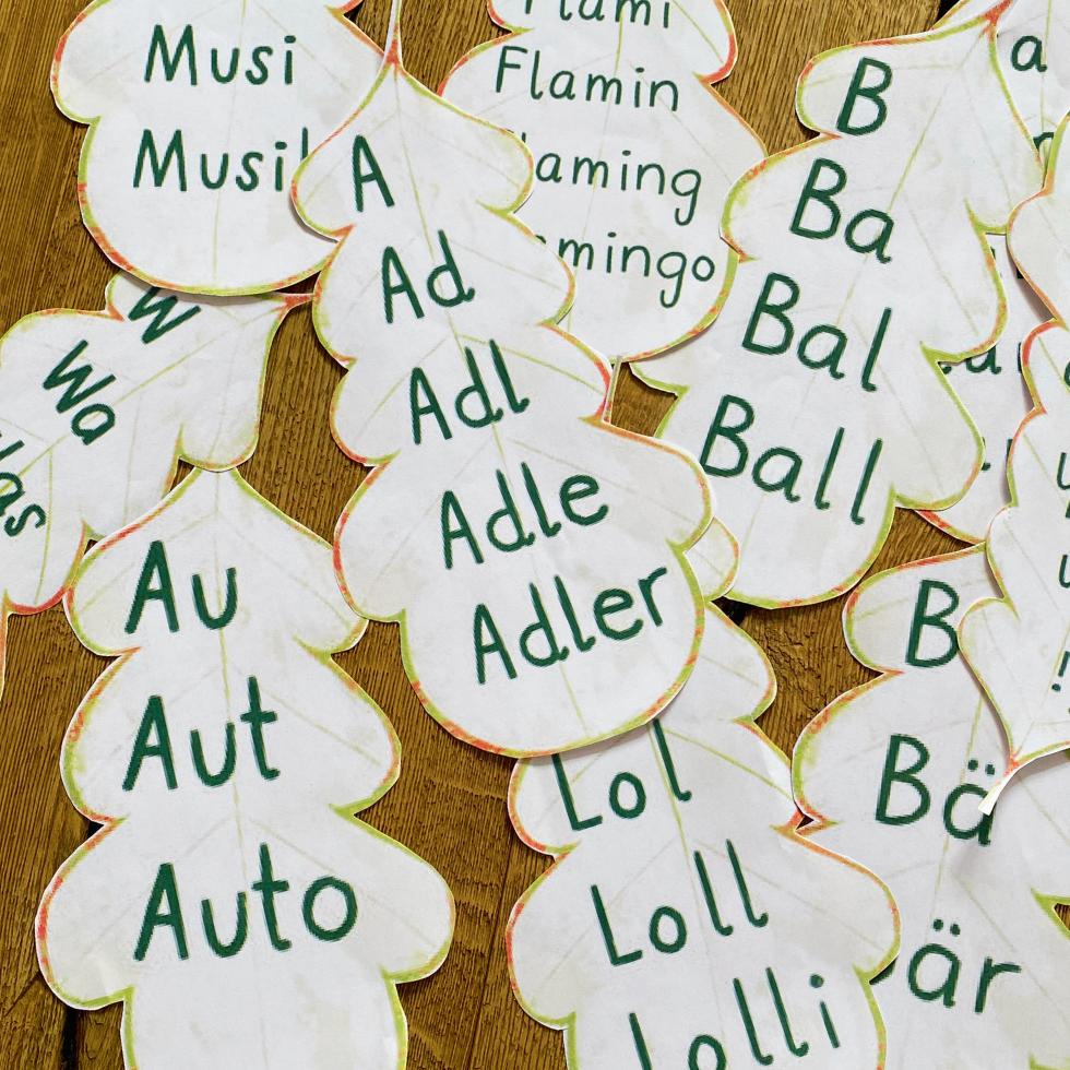 Treppenwörter auf Papier-Eichenblättern auf dem Boden verstreut