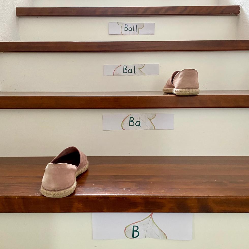 Treppe, an deren Stufen Buchstaben kleben, die das Wort Ball ergeben. Schuhe auf Stufen, die das Treppensteigen andeuten.
