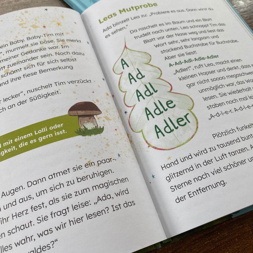 aufgeschlagene Buchseite »Lesewald« mit Treppenwort Adler in Eichenblatt-Illustration