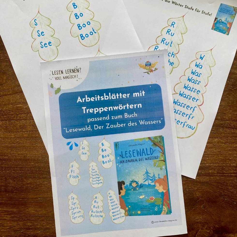 BLOG AUTOREN-Website - 2 Arbeitsblätter Treppenwörter zu Lesewald, Zauber des Wassers