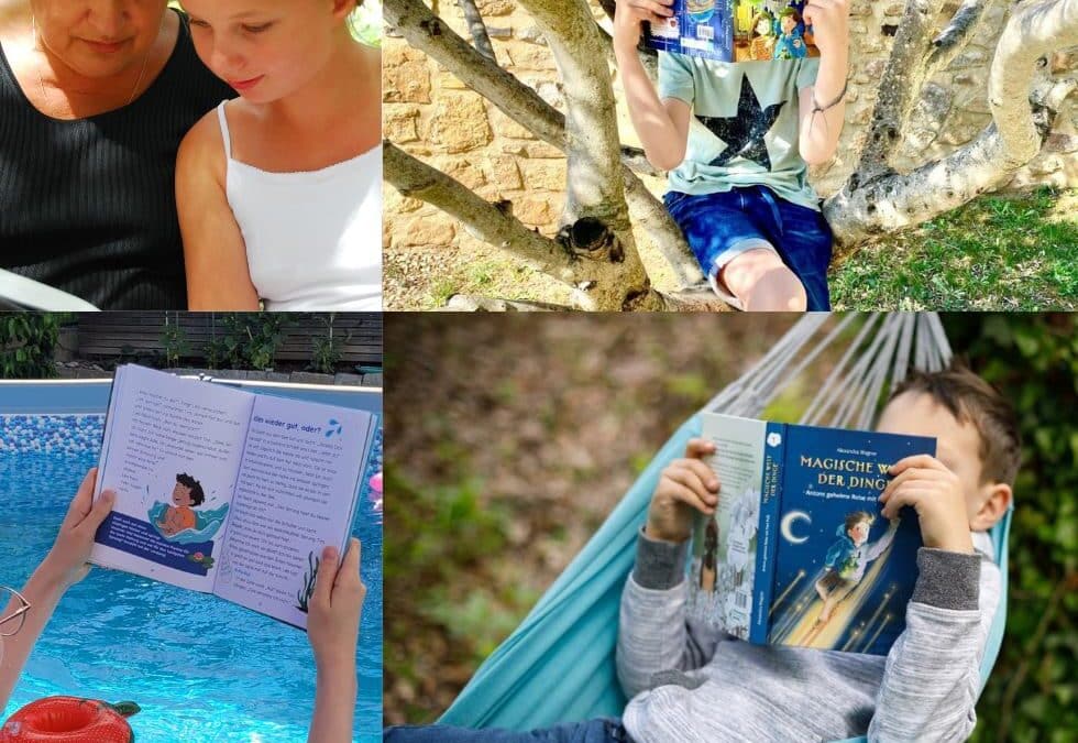 Collage aus Fotos mit Kindern, die an unterschiedlichen Orten lesen: geneinsam mit Mutter im Garten, in einer Baumgabel, Hängematte, Aufstellpool