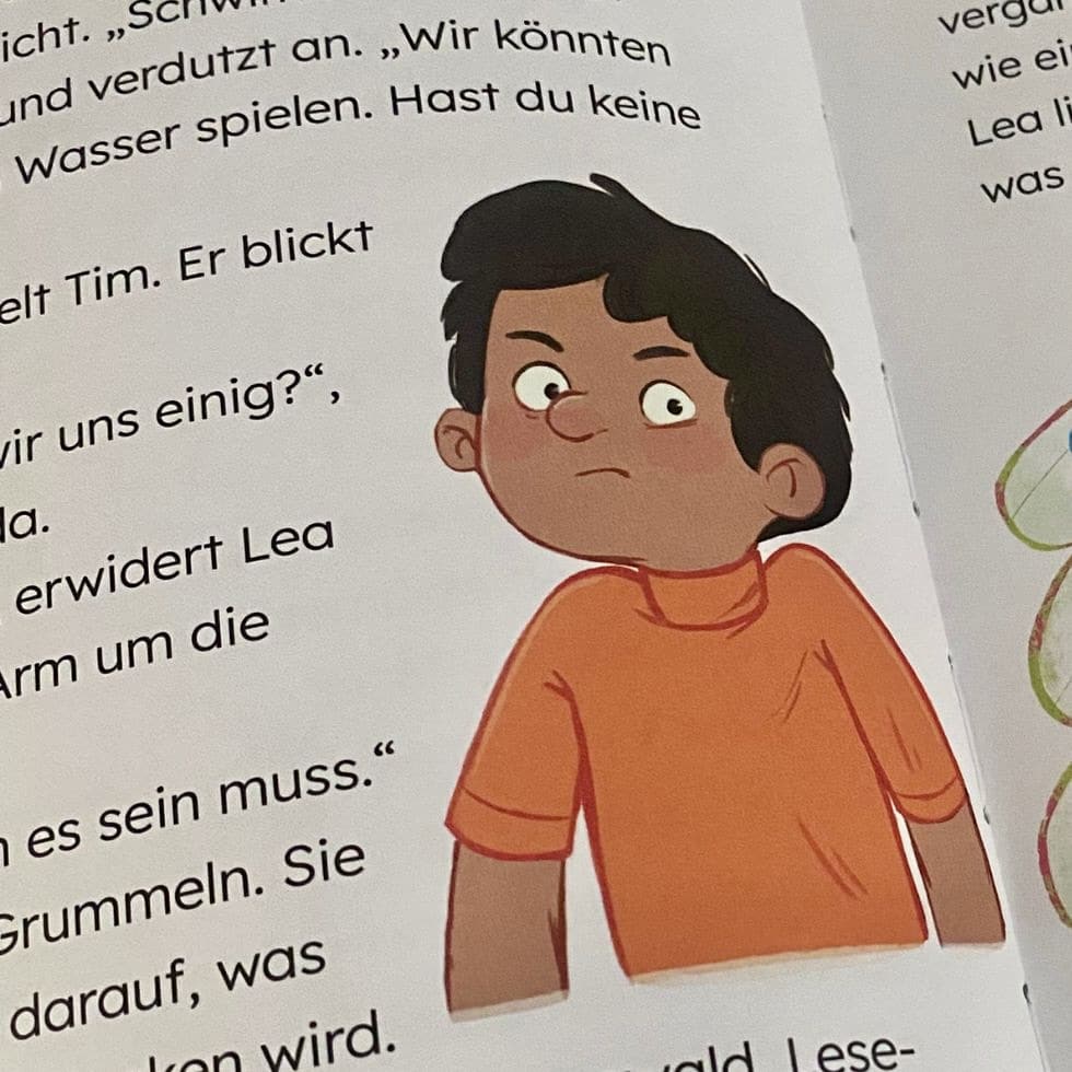 Innenseite Kinderbuch mit Illu eines ängstlichen Jungen